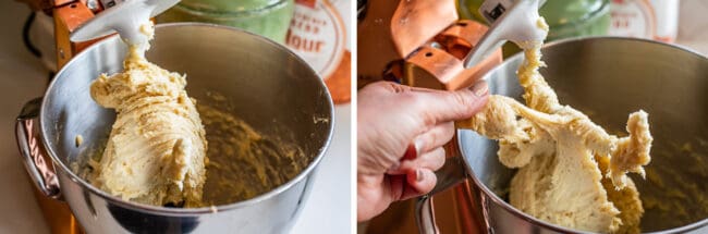 bread dough in a stand mixer.