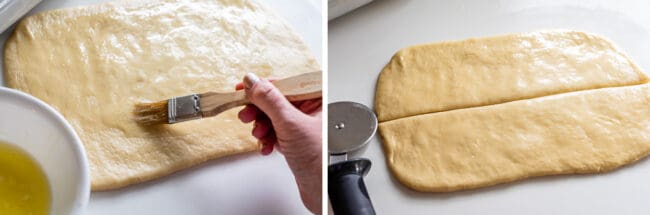 brushing butter on rolled out dough, slicing dough with a pizza wheel. 