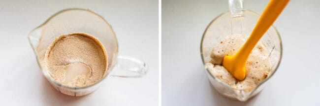 yeast, water, and sugar in a measuring cup, before and after bubbling.