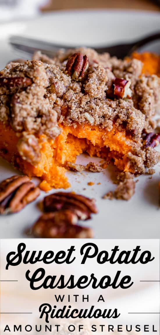 sweet potato casserole with pecan topping served on a plate