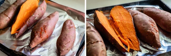 sweet potatoes split open on a pan after baking.