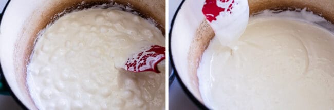 mini marshmallows melting in a big pot with a spatula stirring it.