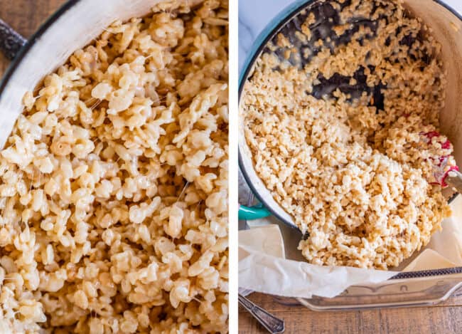 crispy rice and marshmallow mixed together in a pot, then being poured in a pan.