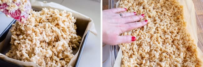 pouring rice Krispies in a pan, pressing it down with hands.