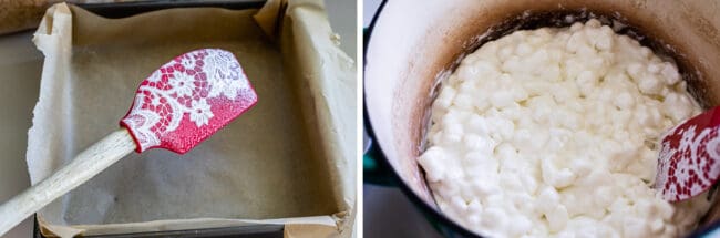 a parchment paper lined pan, and marshmallows melting in a pot