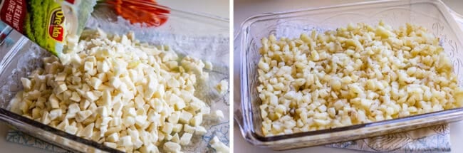 pouring hashbrowns into a baking dish for casserole.