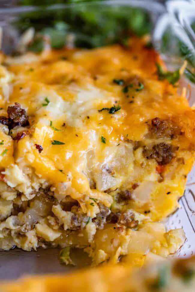 sausage egg breakfast casserole cross section in a pan.