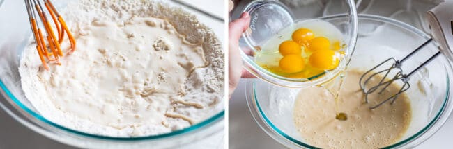 stirring milk into flour in a large bowl, then adding eggs to the bowl ready for a hand mixer to combine.