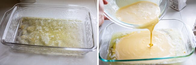 melted butter in a 9x13 inch pan, pouring batter into the melted butter