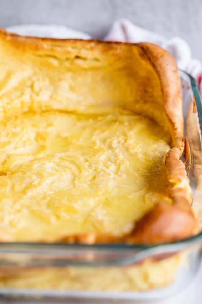 German pancakes in a 9x13 pan, just out of the oven with puffy edges.