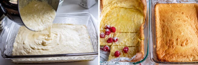 pouring batter into melted butter, two kinds of German pancakes side by side.