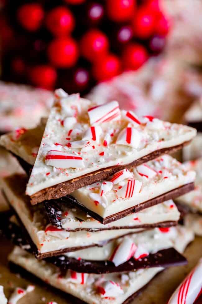 chocolate peppermint bark cut into triangles and stacked