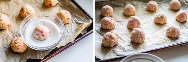 rolling cookies in sugar, cookie dough balls lined up on a pan