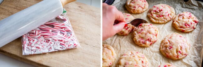 crushing candy canes in a ziplock bag with a rolling pin, cookies on a pan after baking