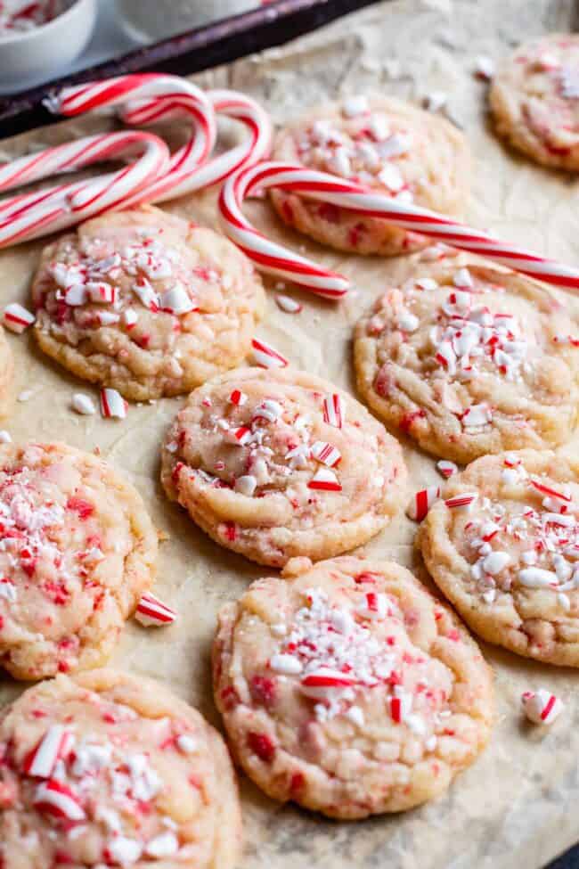 peppermint cookies on a pan with candy cookies