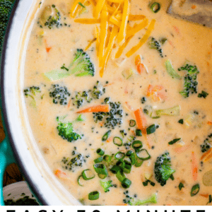 A pot of creamy broccoli cheese soup with tender broccoli florets, shredded cheese, and chopped green onions, stirred with a wooden spoon. Text reads: Easy 30 Minute Broccoli Cheese Soup - The Food Charlatan.