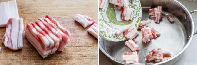 salt pork, sliced on a cutting board and then being added to a skillet for frying.