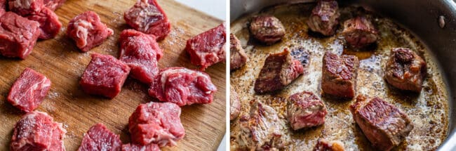 cubed chuck roast salted on a cutting board, then being seared in a pan