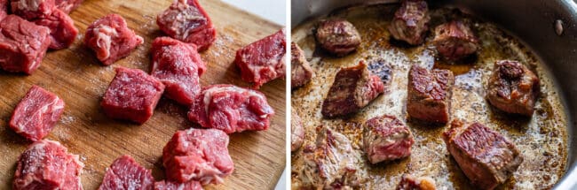 cubed chuck roast salted on a cutting board, then being seared in a pan.