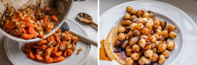 pouring carrots from a pan to a plate, sautéed pearl onions on a plate 