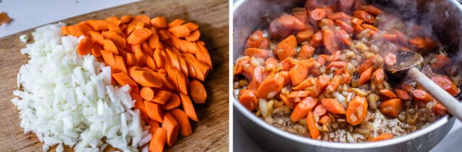 chopped onions and carrots on a cutting board, sautéing onions and carrots in a pan