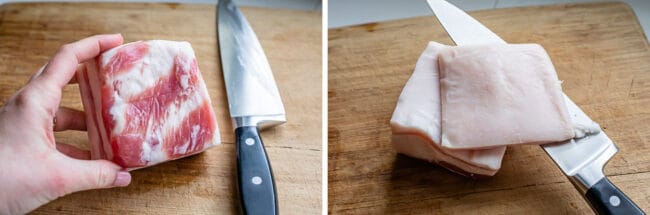 salt pork on a cutting board, with the rind cut off.