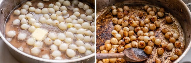 poaching pearl onions and then sautéing them in butter.