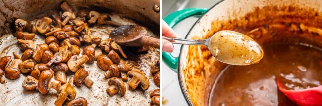 sauteed mushrooms in a pan; sauce from beef bourguignon coating the back of a spoon.