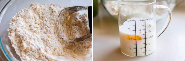 cutting butter into flour mixture in a bowl, adding egg to buttermilk.