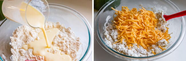 adding buttermilk to dry ingredients, adding cheese to biscuit dough in a glass bowl.