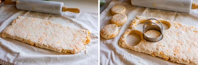 rolled out biscuit dough with a marble rolling pin and biscuit cutter.