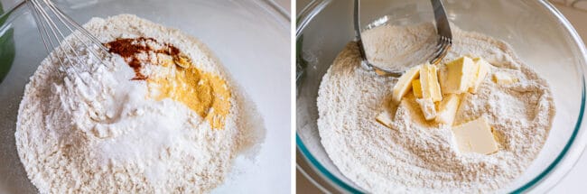 mixing dry ingredients in a glass bowl, adding butter to cut in with a pastry cutter