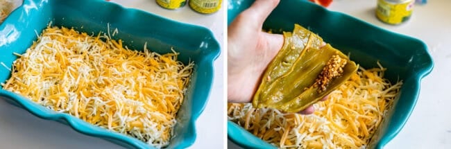 adding green chiles and cheese to a casserole