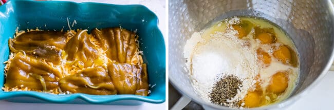 mixing eggs and milk for a chile casserole.