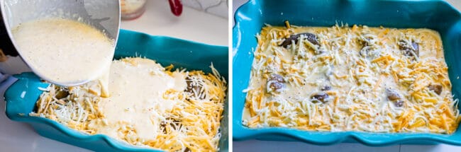 pouring eggs over a breakfast casserole.