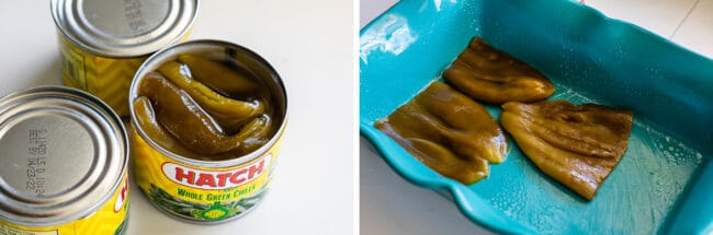 whole green chiles in a can, lining the bottom of a casserole dish with chiles.