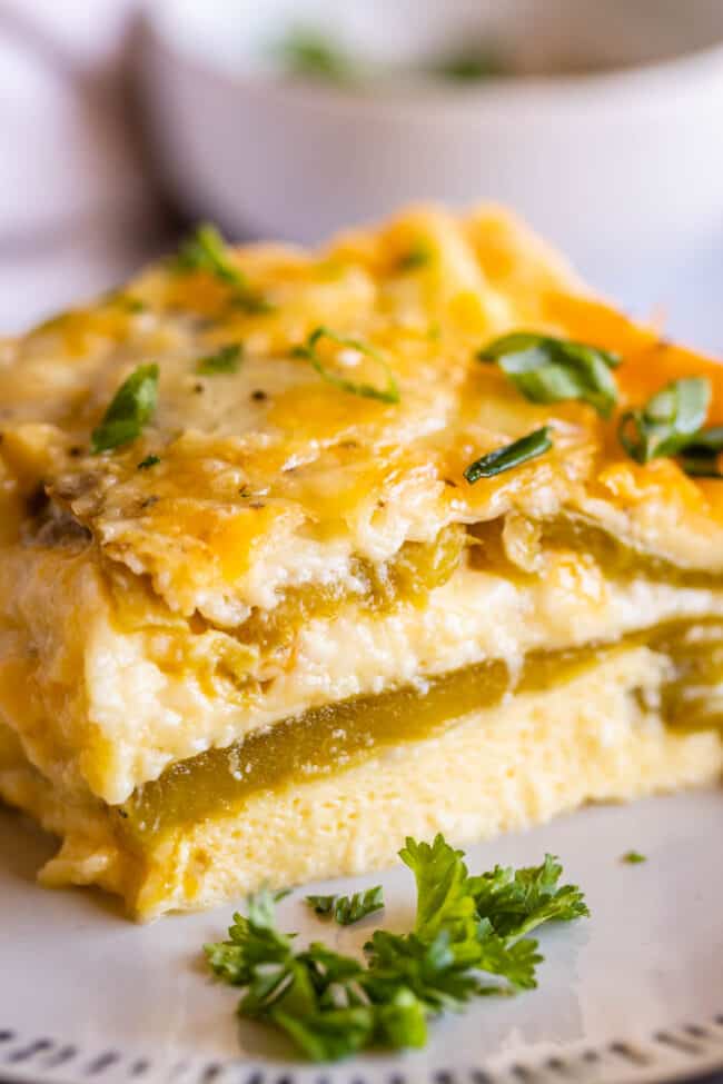 chile relleno casserole slice on a plate.