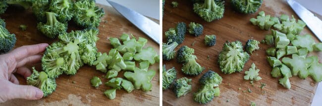 chopping broccoli on a cutting board for soup.