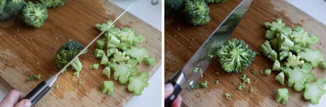 cutting the stems off of broccoli, chopping broccoli on a cutting board