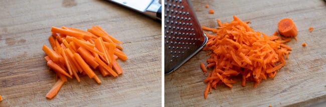 carrots chopped into matchsticks, carrots grated on a wooden cutting board