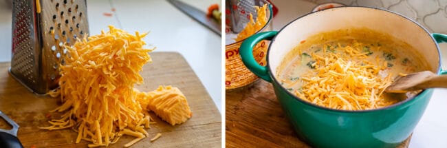 grated cheese on a cutting board, adding cheese to a large teal soup pot.