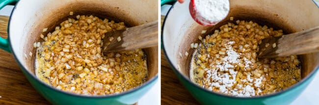 onions, spices, and butter in a pot, adding flour to the pot.