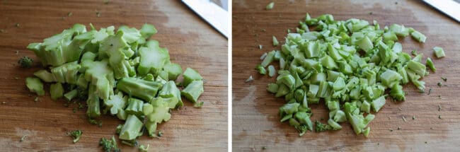 chopping broccoli stems on a cutting board to add to soup.