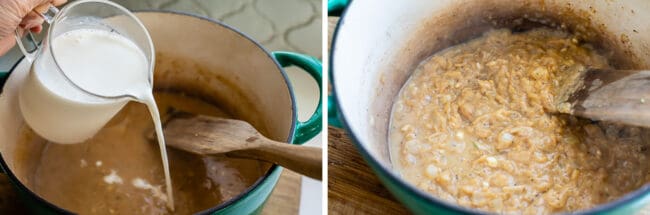 adding milk to a roux in a large pot.