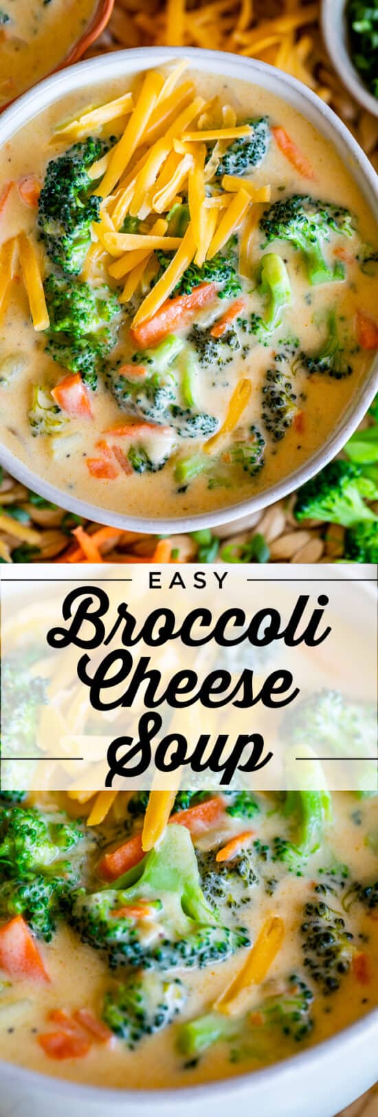 broccoli and cheese soup in a white bowl with cheddar cheese garnish