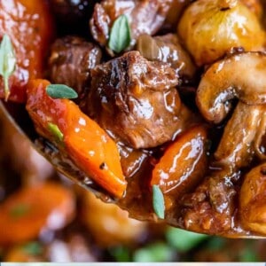 close up shot of beef bourguignon with beef, carrots, mushrooms, and onions on a spoon