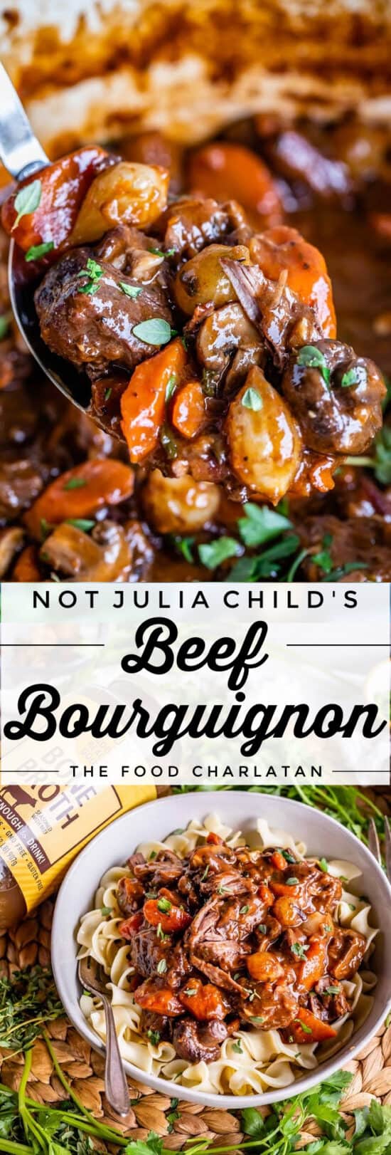 beef bourguignon recipe on a spoon and on a plate with egg noodles