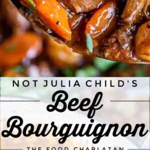 close up of beef bourguignon stew on a spoon