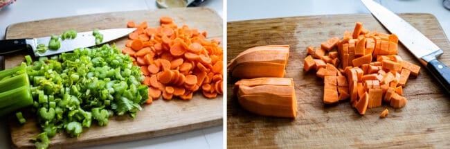 chopped celery and carrots on a cutting board, chopped sweet potato with a knife.