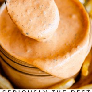 A spoonful of creamy chipotle mayonnaise is lifted from a glass jar. The smooth, orange sauce features visible seasoning, and the softly blurred background enhances its appeal. Text at the bottom reads: Seriously Delicious Chipotle Mayonnaise.